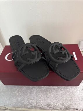 Gucci Matte Black Rubber GG Slide Sandals